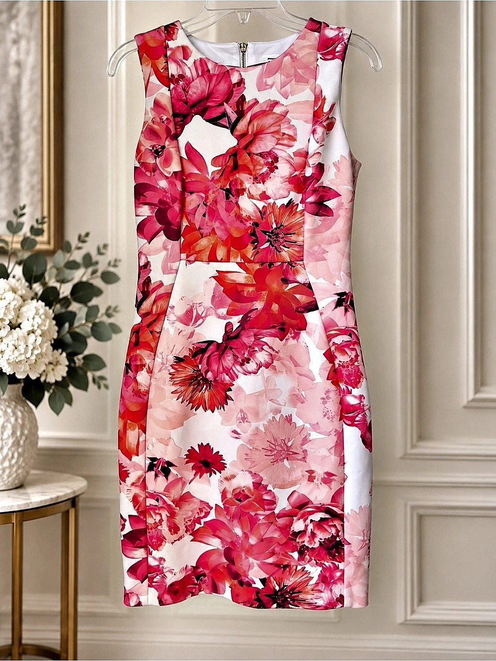 Calvin Klein Floral Sheath Dress Size 10 Pink Coral Sleeveless Stretch